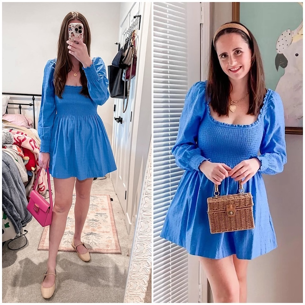 HILL HOUSE Cotton Clip Dot Scoop Neck‎ Long Sleeve Smocked Nap Dress Crop Top XS